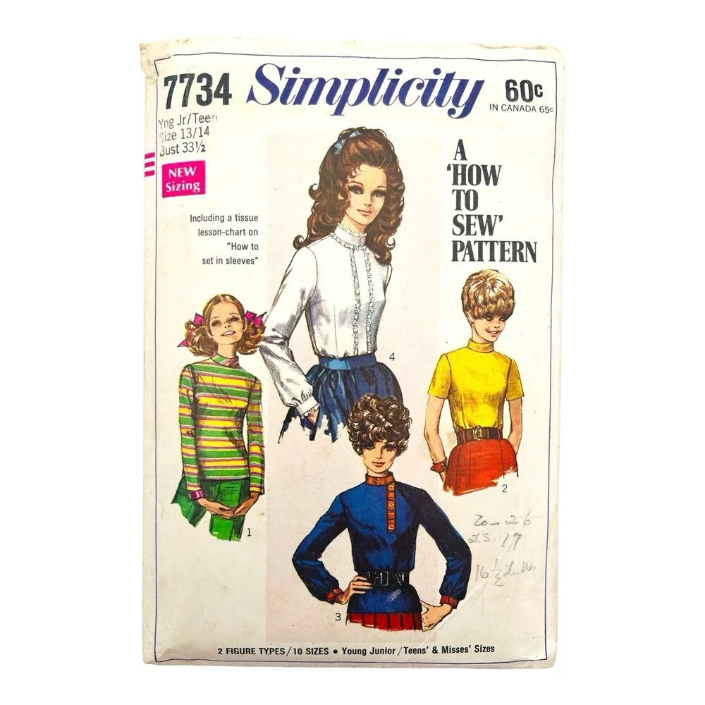 VTG 1968 Simplicity Sewing Pattern Yng Jr / Teen Blouses 4-Styles Sz 13/14 #7734